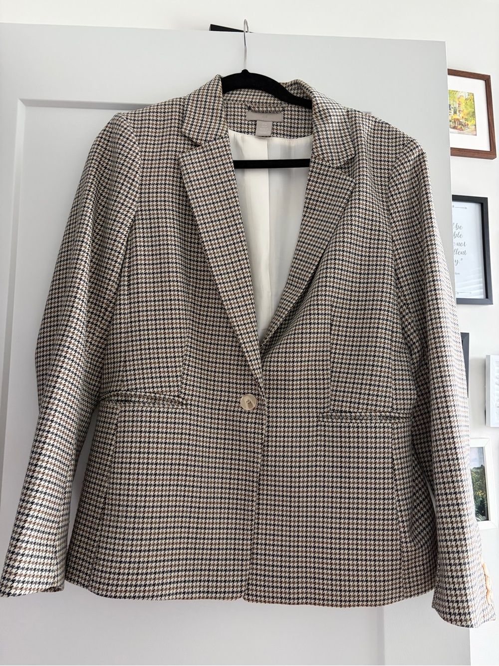 H&M Women's Houndstooth Single-Button Blazer - Beige Black